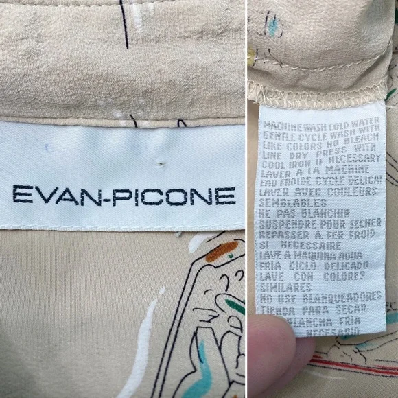 vintage | evan piccone skiing skating winter fun print silk blouse m - Picture 12 of 12